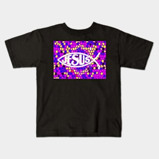 JESUS FISH ICHTHYS PURPLE STAINED GLASS WINDOW Kids T-Shirt